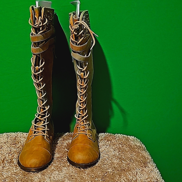 TORRID 11W BROWN (Tan) WIDE TALL SWEATER TRIMMED COMBAT BOOT - Picture 1 of 5